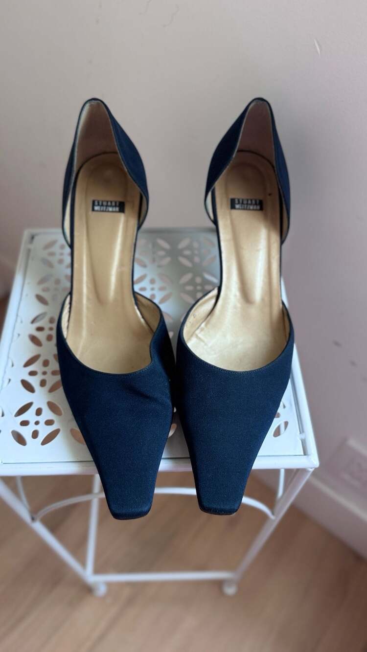 Stuart Weitzman Navy Blue Satin D'Orsay Pointed Toe Kitten Heels